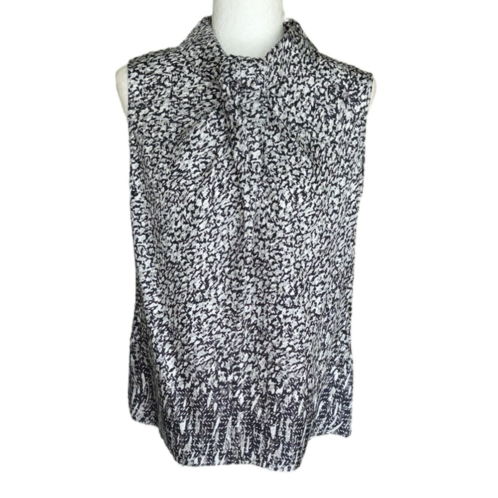 NEW Brooks Brothers Silk Gray Black Print Knotted Pleated Sleeveless Blouse - 8